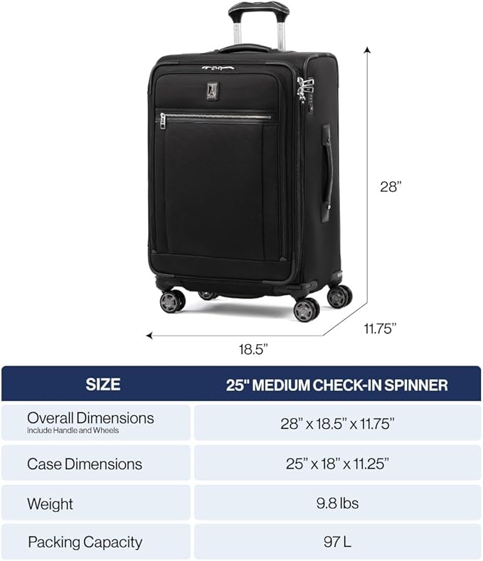 Travelpro Platinum Elite Softside Expandable Checked Luggage, 8 Wheel Spinner Suitcase, TSA Lock, Men and Women, True Navy Blue, Checked Medium 25-Inch