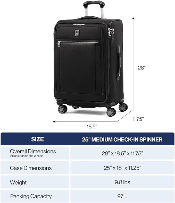 Travelpro Platinum Elite Softside Expandable Checked Luggage, 8 Wheel Spinner Suitcase, TSA Lock, Men and Women, Shadow Black, Checked Medium 25-Inch