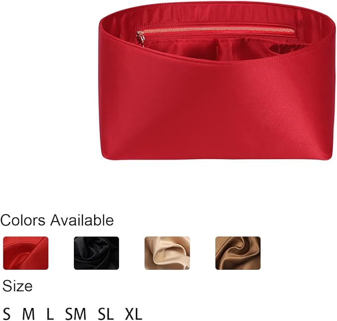ZTUJO Purse Organizer Insert For Handbags, Silk Purse Organizer with Zipper, Silky Smooth, Bag Organizer For Speedy Neverfull Tote,onthego,Artsy, 6 Sizes(Large, Silky Red)