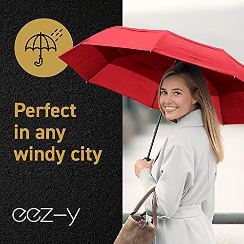 Windproof Compact Umbrella for Rain - 42” Travel Umbrella, Portable, Strong, Collapsible to 11”, Automatic Open Close Button, Vented Double Canopy with Fiberglass/Steel Frame, Wind Resistance to 55MPH