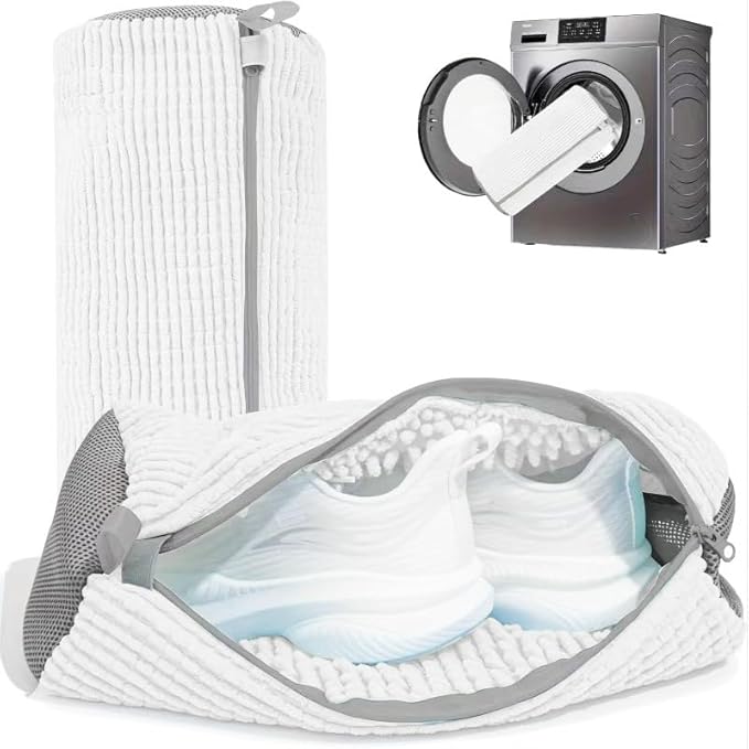 Shoe Washing Machine Bags, XXL Shoe Laundry Bags for Washer Dryer, Sturdy Zipper with Hook Design, Sneaker Dry Bags Included, Reusable Washing Bag for Sneaker, Tennis, White 1pc