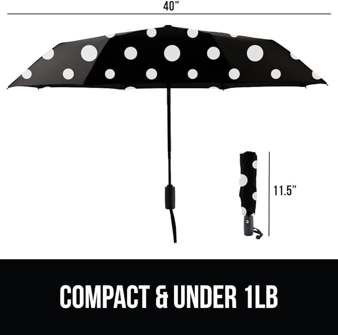 GORILLA GRIP Strong Windproof Stick Compact Umbrella for Rain, One-Click Automatic Open and Close, Durable Quick Dry Waterproof Material, Lightweight and Portable, Travel Size Fits Backpack Polka Dots