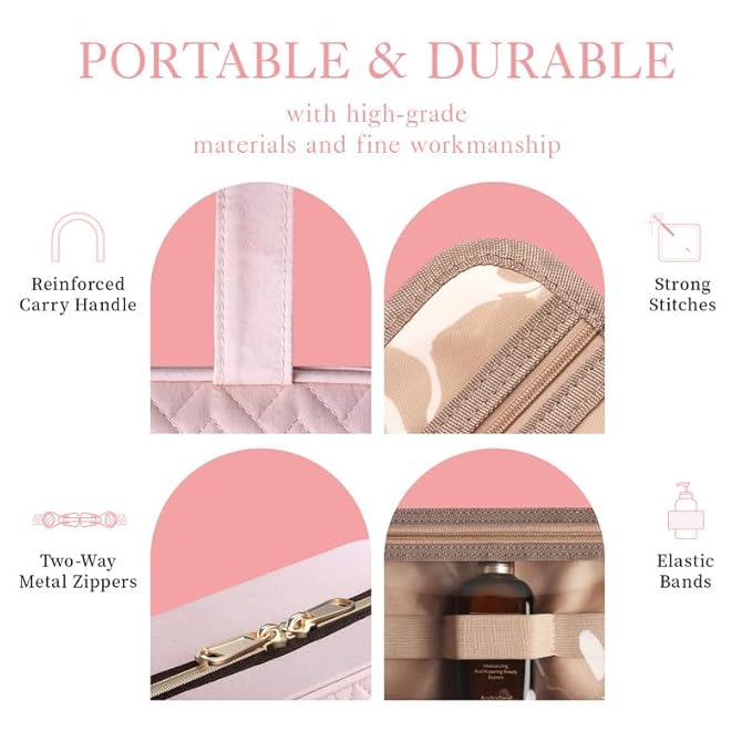 HOTOR Travel Toiletry Bag - Hanging Toiletry Bag for Women & Men, Makeup Bag/Big Comparment, Waterproof for Travel Accessories, Travel Essentials, Large, Pale Pink