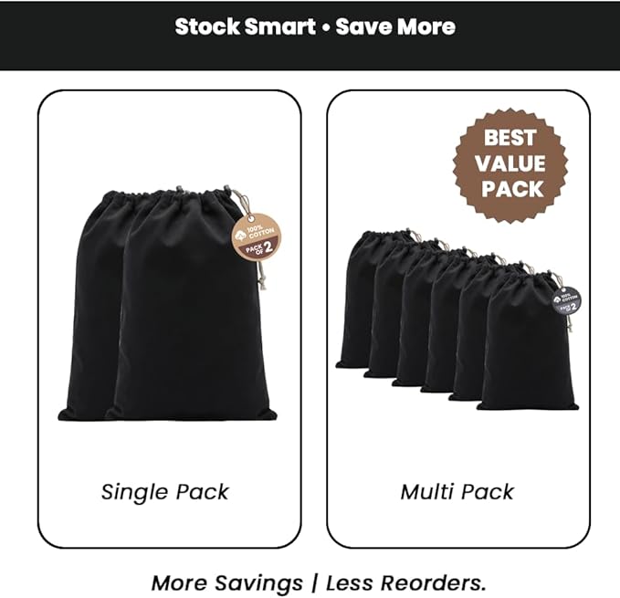 LFH Cotton Rich Shoe Storage Bags with Drawstring, Dustproof Breathable Reusable Organizer, Perfect For Travel, Dorm, Hotel, College, Gym, Machine Washable 12"x17" (Pack of 2) - Black sand