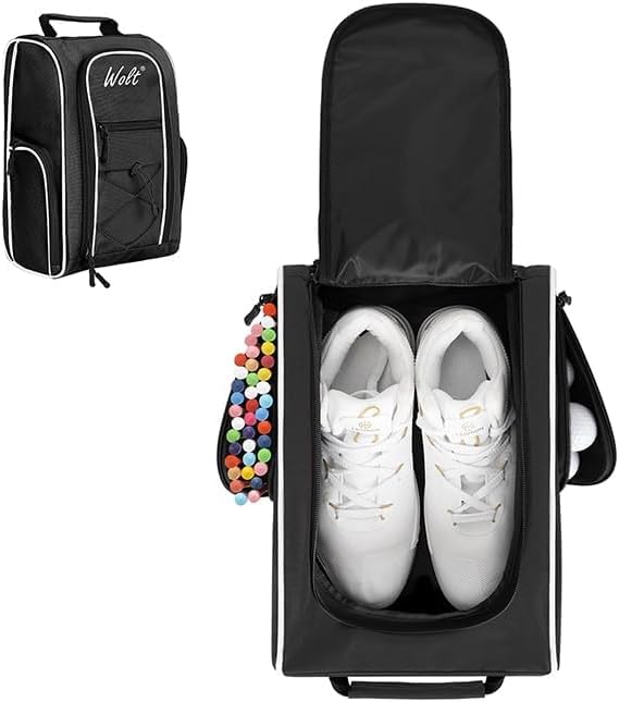 Wolt |Golf Shoe Bag for Travel- Zippered Shoes Carrier Bags with Ventilation & Double Outside Accessory Pocket for Socks, Tees, Golf Balls, Etc. for Women and Men (Black)