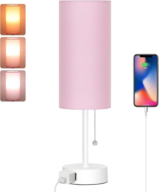 Dott Arts Table Lamp for Bedroom, 3-Color Bedside Lamps with Pull Chain | Bedroom Table Lamps for Nightstand,AC Outlet Small Lamp for Living Room, Bulb Included Pink