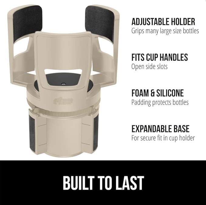 GORILLA GRIP Patent Pending Adjustable Car Cup Holder Expander, Keeps Water Bottle Secure, Expands to Fit 18 to 48 oz Large Bottles, Yeti, Owala, Stanley with Handle, Coffee Mug Insert for Cars, Tan