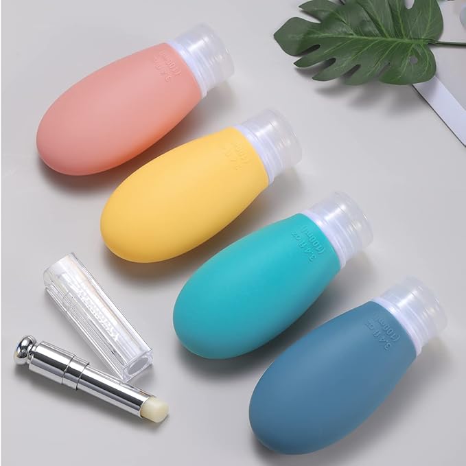 Silicone Travel Bottles, 4 Pack 3.4oz Leak Proof Liquid Squeezable Refillable Portable Accessories/Cosmetic Containers, BPA Free, Travel Size for Toiletries Shampoo Conditioner Lotion