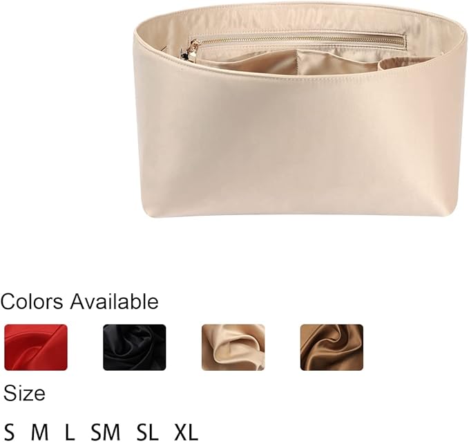 Purse Organizer Insert For Handbags, Silk Purse Organizer with Zipper, Silky Smooth, Bag Organizer For Speedy Neverfull Tote,onthego,Artsy, 6 Sizes (Medium, Silky Beige)