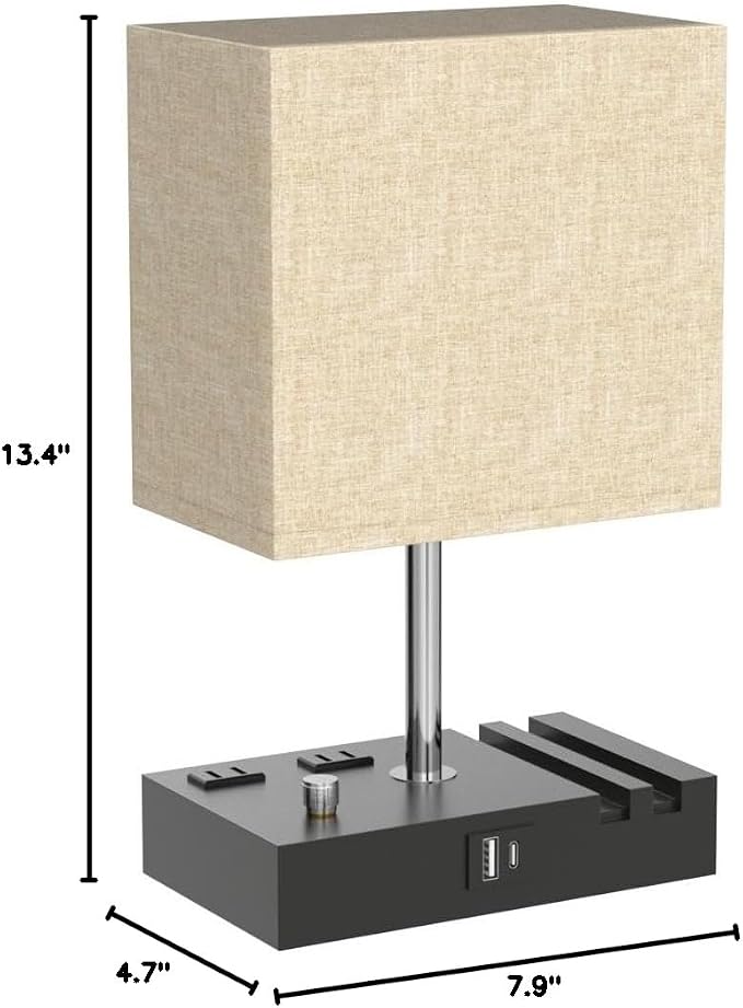 Beige Table Lamp for Bedroom - Stepless Dimmable, USB C+A, 2 AC Outlets | Dimming By Rotary Knob, USB C+A Ports, 2 Phone Stands, LED Bulbs Included, Rectangle Beige Lampshade, for Living Room, Desk