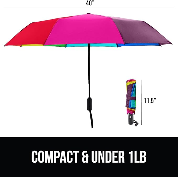 GORILLA GRIP Strong Windproof Stick Compact Umbrella for Rain, One-Click Automatic Open and Close, Durable Quick Dry Waterproof Material, Lightweight and Portable, Travel Size Fits Backpack, Rainbow