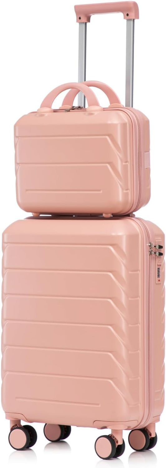 2-Piece ABS Hard Shell Lightweight Carry-On Luggage Set (14" & 20"), 360-Degree Spinner Wheels, Adjustable Telescopic Handle and Combination Lock for Travel, Pink