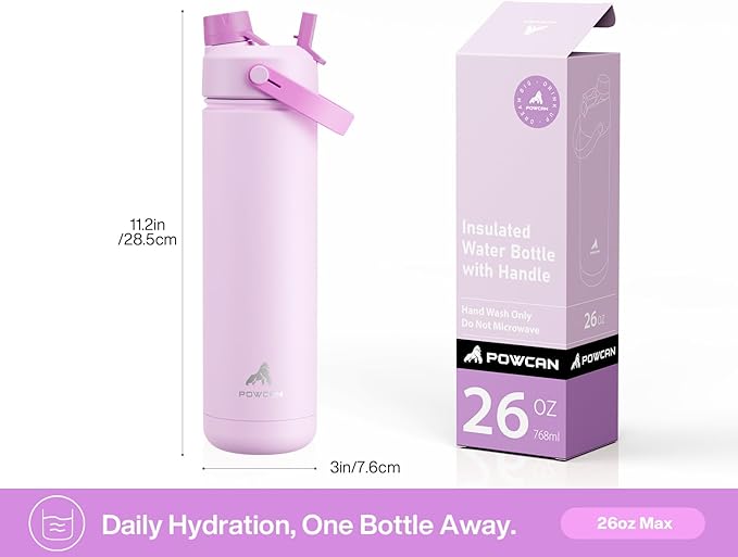POWCAN 26 oz Insulated Water Bottle with 2-in-1 Straw and Spout Lid, Keep Cold 24H, Leak-Proof, Fits in Car Cup Holder, Stainless Steel Water Bottle for Sports, Travel, Gift and School (Cherry Pop)