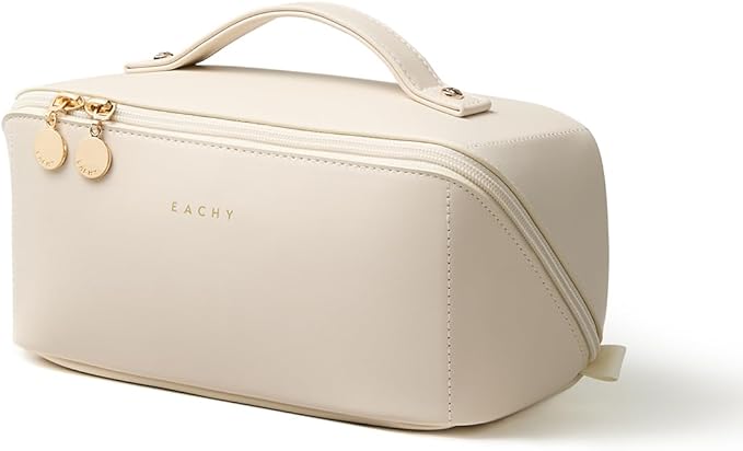 EACHY Travel Makeup Bag, Large Capacity Cosmetic Bag for Women, Waterproof PU Leather, Flat Open Portable Toiletry Bag for Skincare, Brushes & Travel Essentials