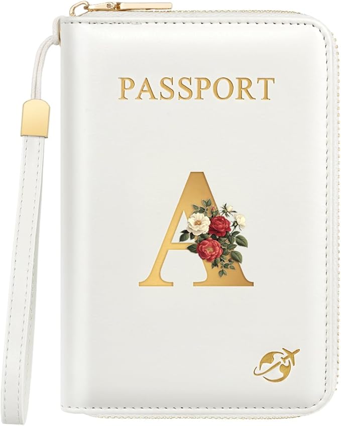 Passport Holder for Travel Personalized Passport Holder Initial Letter Rose Flower RFID Blocking Travel Wallets Credit Cards Holder for Women Men, White A