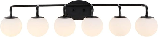JONATHAN Y Louis Parisian Globe 40" Vanity 6-Light, Black | White Frosted Glass Shade, Midcentury Parisian Bistro Style, Metal Wall Lamp, Dimmable, Hardwired, LED Bulbs Included