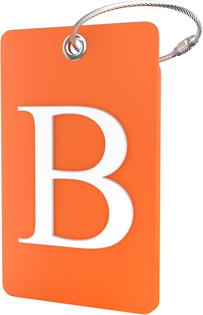 Shacke Luggage Tag Initial – Fully Bendable Tag w/Stainless Steel Loop - Orange (Letter B)
