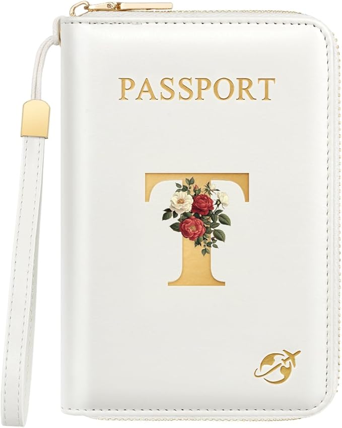 Passport Holder for Travel Personalized Passport Holder Initial Letter Rose Flower RFID Blocking Travel Wallets Credit Cards Holder for Women Men, White T