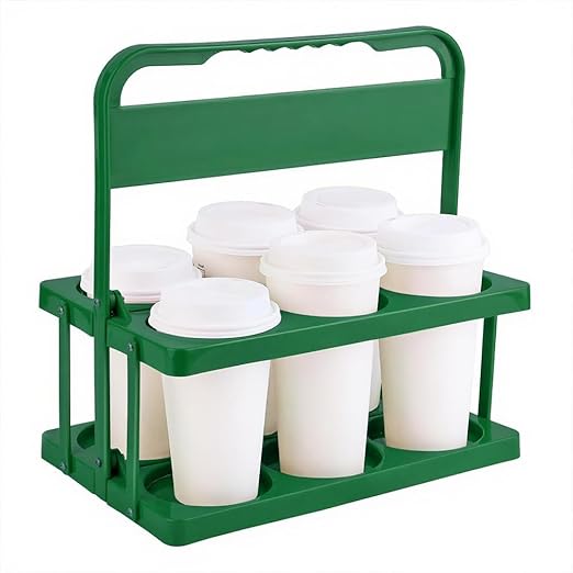 Bodaon 6 Cup Drink Carrier with Handle, Plastic Cup Holders for Take Out Delivery Drivers, Reusable Foldable Car Drink Caddy, Leakproof Food Delivery Accessories, 360° Secure Grip, Green