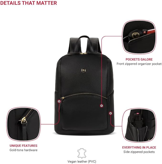 SwissGear Serenity Luxe Women's Laptop Backpack, Laptop Bag Fits Most 13-Inch Laptops, Black, 16 Inches