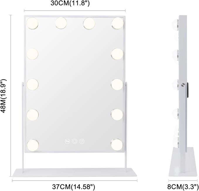 VANITII Lighted Vanity Hollywood Mirror with 12 Dimmable Bulbs Smart Touch Control 3 Colors Light for Tabletop, Detachable 10X Magnification