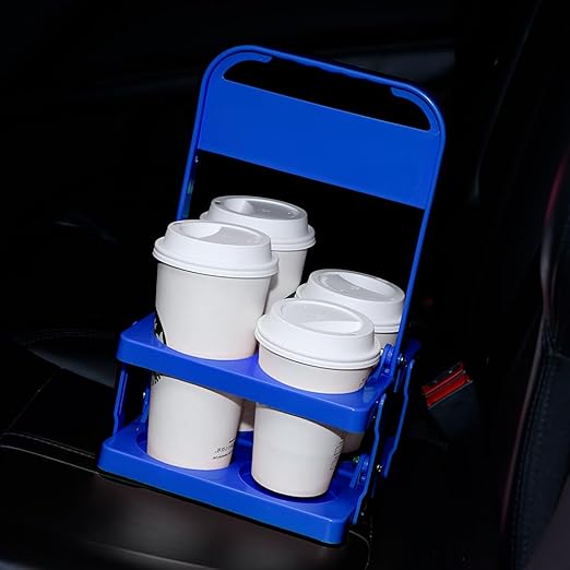 Bodaon 4 Cup Drink Carrier with Handle, Plastic Cup Carriers for Drinks, Drink Holder for Car, Take Out Delivery Drivers Accessories, Portable Foldable Reusable Mobile, Use for Food Delivery Bag, Blue
