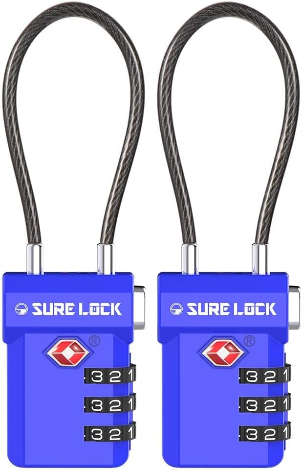 SURE LOCK TSA Approved Luggage Locks – 3-Digit Combination Cable Lock with Red Indicator, Large Dial & Easy-Press Button for Suitcases and Backpacks – Multi-Pack & Color Options