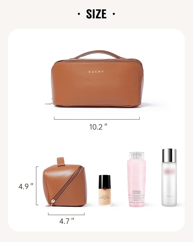 EACHY Travel Makeup Bag, Large Capacity Cosmetic Bag for Women, Waterproof PU Leather, Flat Open Portable Toiletry Bag for Skincare, Brushes & Travel Essentials