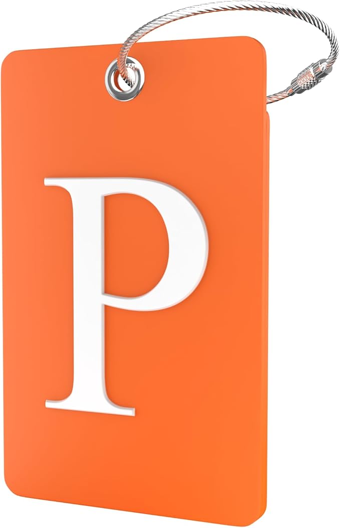 Shacke Luggage Tag Initial – Fully Bendable Tag w/Stainless Steel Loop - Orange (Letter P)