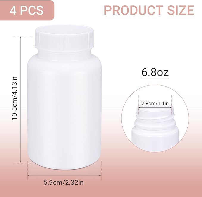 White Pill Bottle, Empty Medicine Bottles with Screw Caps for Pills Capsules Vitamins, Food Grade Plastic Medicine Containers with Labels for Travel (6.7oz/200ml, 4 Pcs)
