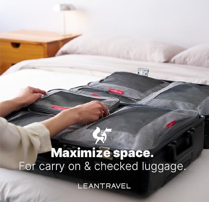 LeanTravel Premium Compression Packing Cubes for Travel - Suitcase Organizer Bags with Double Zipper & Breathable Mesh Panel - Space Saving Carry On Luggage Essentials (1 Small Bag, Grey)