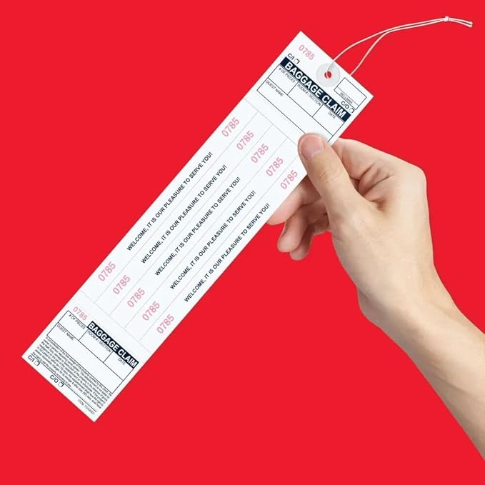 1000 The Perfect Baggage Claim Check Tags with 5 Matching Numbered Labels from 0001 to 1000. A Perfectly Integrated Label & Tag Combo. Size: 11" (Height) x 2 1/2" (Width)