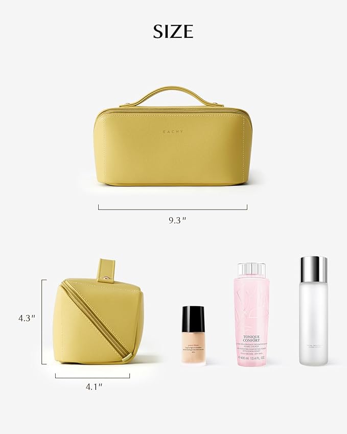 EACHY Travel Makeup Bag, Large Capacity Cosmetic Bag for Women, Waterproof PU Leather, Flat Open Portable Toiletry Bag for Skincare, Brushes & Travel Essentials