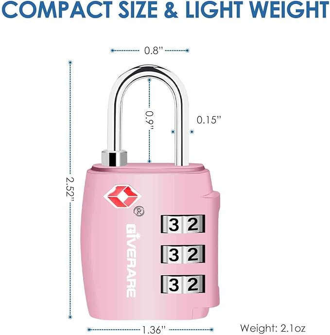 2 Pack TSA Approved Travel Luggage Locks, Combination Lock Alloy Body, Keyless 3-Digit Padlocks, Travel Sentry Accepted Compatible Padlock for Gym Locker, Golf Bag Case, Backpack, Black-by GIVERARE