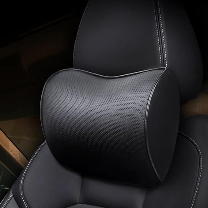 2 Pack Car Leather Neck Pillow, Neck Rest Cushion， Memory Foam and Breathable Removable Cover, Stress-reducing, Anti-Fatigue (Black 2 Pack)
