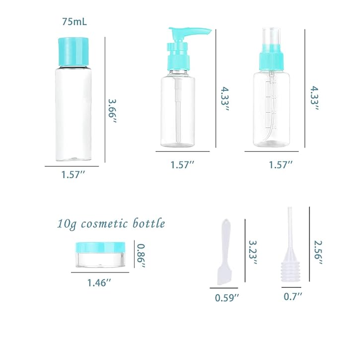 Vitog Travel Bottles Kit, TSA Approved Leak Proof Portable Toiletry Containers Set, Clear flight size PET Cosmetic Containers for Lotion, Shampoo, Cream, Soap, Set of 11 (Blue+Plastic)