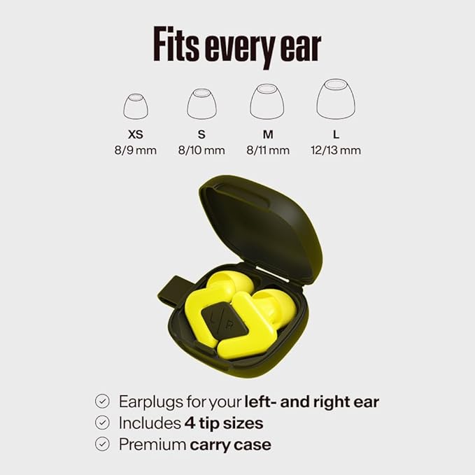 Alpine Tune Earplugs, Concert Ear Plugs for Noise Reduction, High Fidelity Music Quality, 19dB Hearing Protection with Crystal Clear Sound, Incl. 4 Sizes, For Parties, Raves, Festivals & Clubs, Yellow