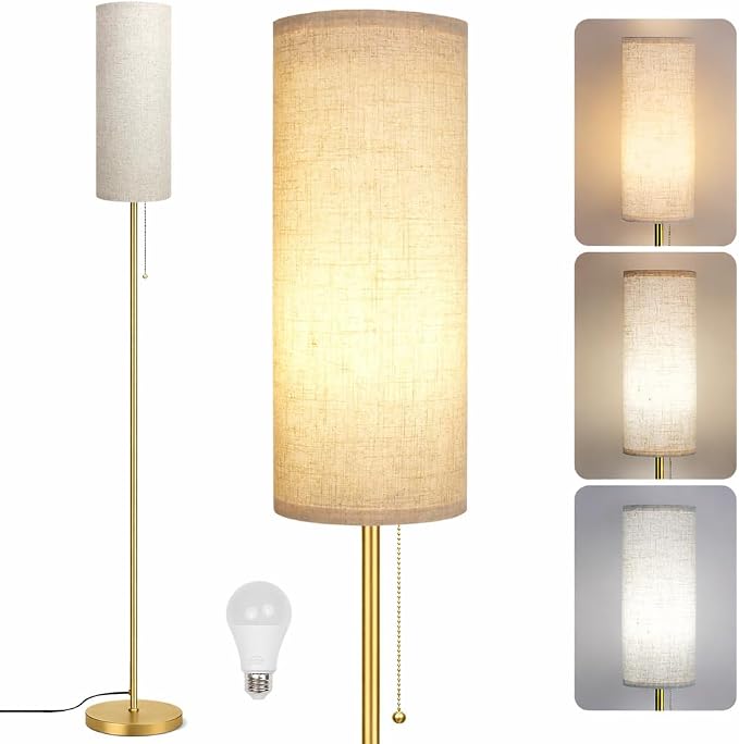 Ldeco Modern Floor Lamp for Living Room, Gold Standing Lamps with 3 Color Temperatures Bulb, Minimalist Tall Lamp with Chain Switch for Bedroom, LED Bulb Included(Beige Shade+Gold)