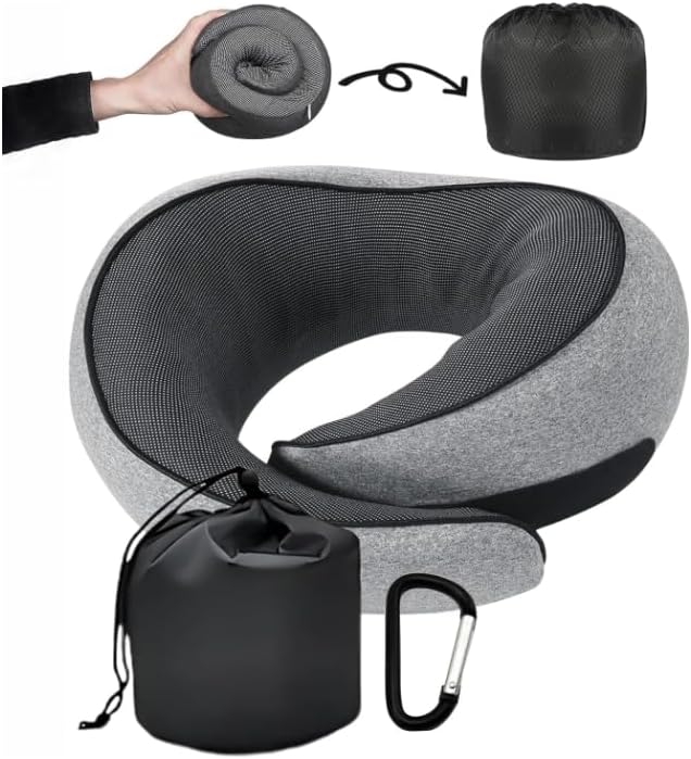 SZXYX Travel Pillows for Airplanes, 100% Pure Memory Foam Neck Pillow for Airplanes, Comfortable Breathable Cover, 360° Support Stowable Pillows for Sleeping, Car, Airport Travel Essentials, Max Grey