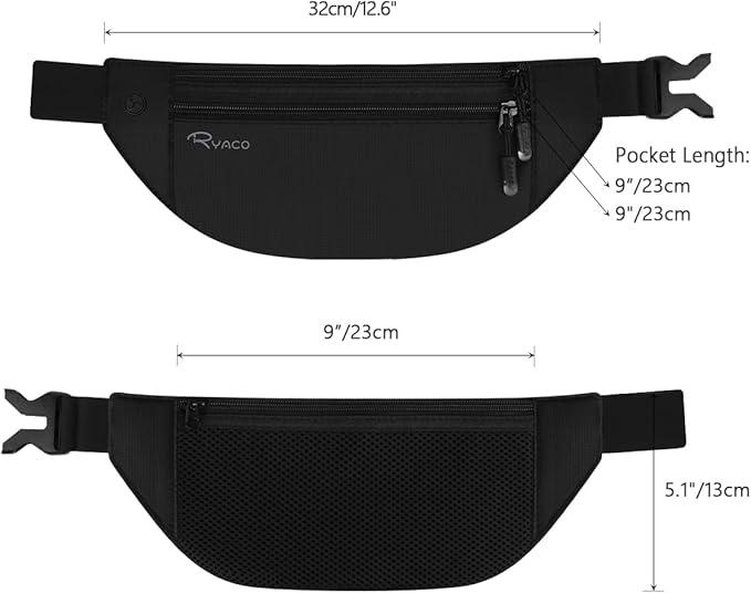 RYACO Money Belt for Men & Women Travel Hidden Wallet Secure RFID Blocking Waterproof Pouch for Passport, Cards, Cash& Phone Adjustable& Wearable Slim Waist Bag Under Clothes