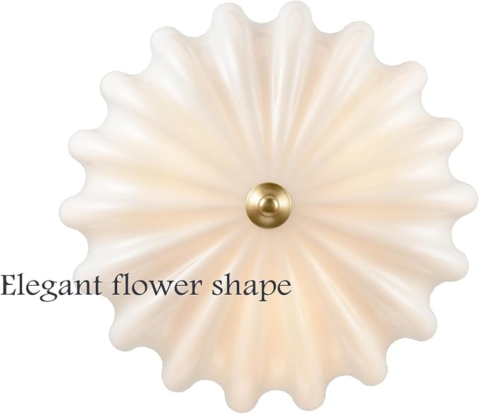 Modern Gold Semi Flush Mount Ceiling Light with Milky Flower Glass | Brushed Brass Ceiling Light with Scalloped Shade Close to Ceiling Light Fixture for Living Room Bedroom Entryway