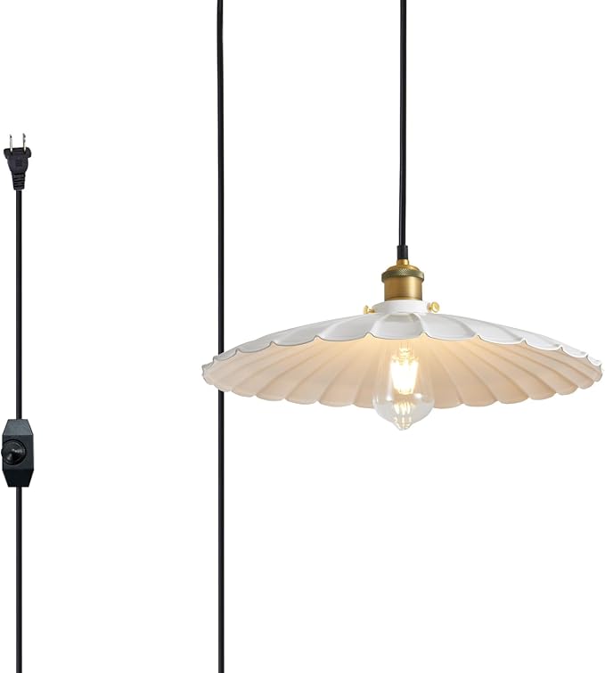 Plug in Pendant Light 13.8 Inch Round Metal Shade Vintage White Pendant Light for Kitchen Island 13Ft Adjustable Dome Industrial Hanging Lamp Living Room