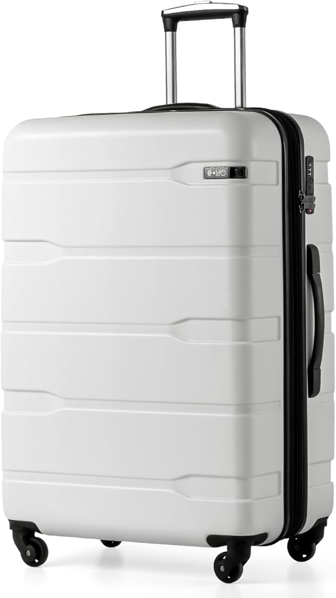 Coolife Expandable Large Checked Luggage Hardside PC+ABS Suitcase with TSA Lock, Lightweight Rolling Carry On with Spinner Wheels(White, 28in)