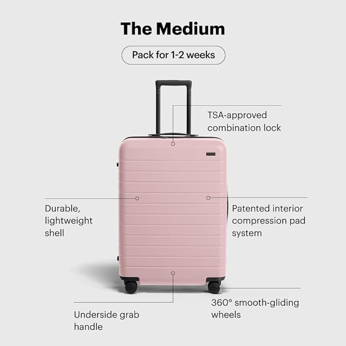 Away Medium Checked Luggage, Lightweight Hard Shell Suitcase with Spinner Wheels, Durable Rolling Luggage, TSA Lock, 26 Inch, Blush Pink