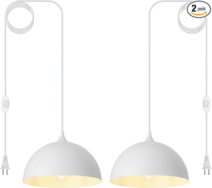 White Plug in Pendant Light,2 Pack 11.8inch Hanging Lights with Plug in Cord 14.7 ft, Hanging Pendant Light,Hanging Lamp Plug in for Bedroom Living Room Kitchen Island