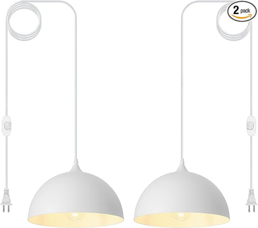 White Plug in Pendant Light,2 Pack 11.8inch Hanging Lights with Plug in Cord 14.7 ft, Hanging Pendant Light,Hanging Lamp Plug in for Bedroom Living Room Kitchen Island