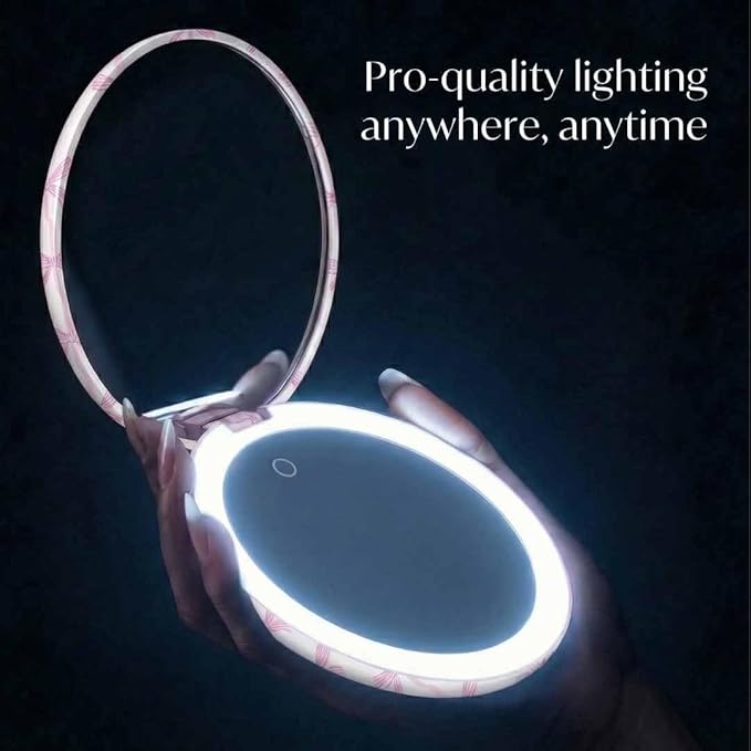 Fancii Taylor LED Lighted Travel Makeup Mirror, Rechargeable, 10x /1x Magnifying, Tru-Glow Lighting System, XL Large 5” Wide | Compact Mirror for Purses (Rosette Ribbon)