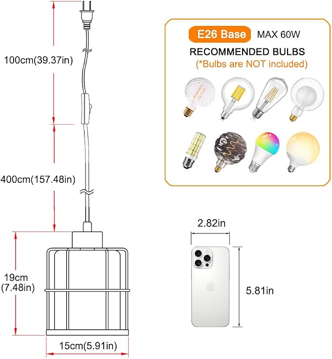 Modern Industrial Plug-in Hanging Pendant Light, Clear Glass Shade Hanging Lamp with Plug in Cord, Gold Cage Plug in Hanging Lights Fixtures for Kitchen Island, Living Dining Room, Bar, Hallway