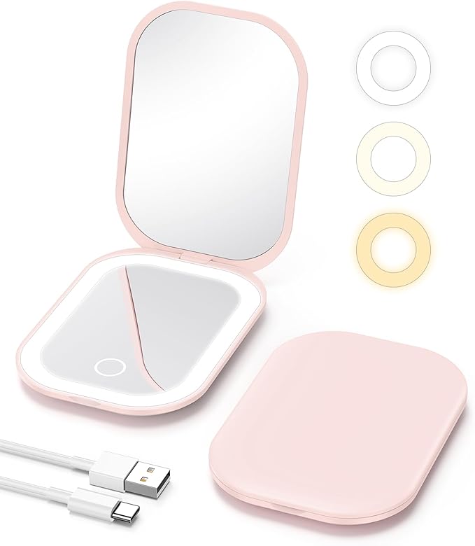 Gospire Lighted Travel Makeup Mirror with Light and Magnification 1X/3X, Stepless Dimming and 3 Color Adjustable Lights, Rechargeable Battery and Compact Size for Purse and Portable Use - Light Pink