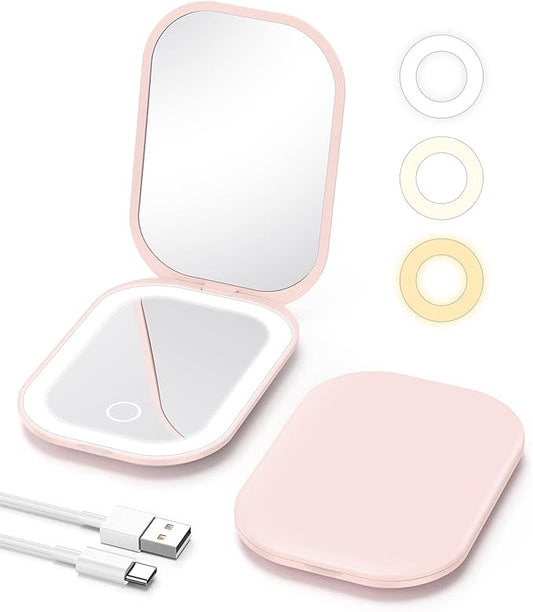 Gospire Lighted Travel Makeup Mirror with Light and Magnification 1X/3X, Stepless Dimming and 3 Color Adjustable Lights, Rechargeable Battery and Compact Size for Purse and Portable Use - Light Pink